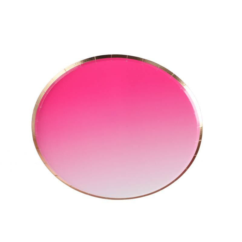 Prato de Papel com 8 unidades - Rosa Degrade com Borda Dourada