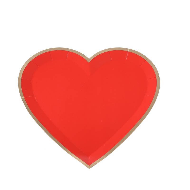Prato de Papel Coração com 8 unidades - Vermelho Borda Dourada