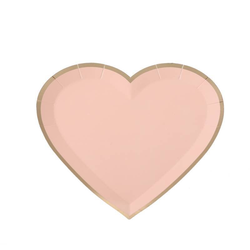 Prato de Papel Coração com 8 unidades - Rosa Blush Borda Dourada