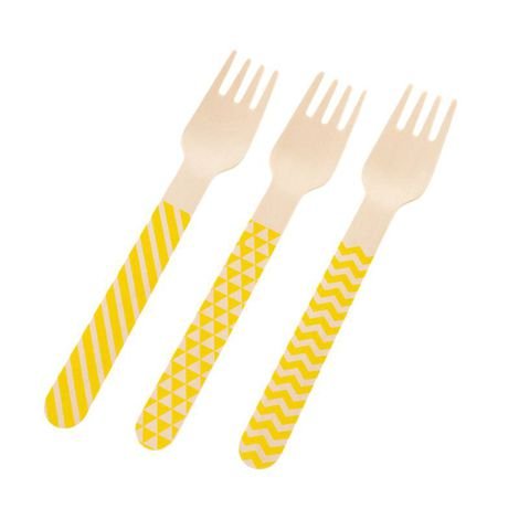 Garfo Madeira com 10 unidades - Detalhes Amarelo 14 cm
