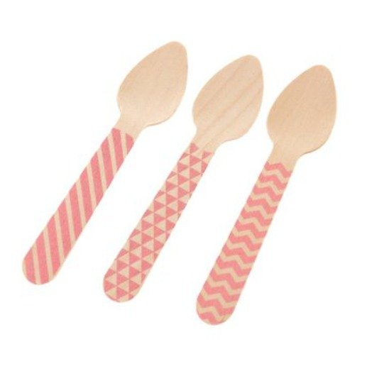Colher Madeira Sobremesa com 10 unidades - Detalhes Rosa 11 cm
