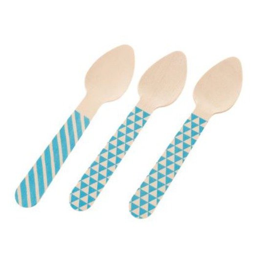 Colher Madeira Sobremesa com 10 unidades - Detalhes Azul 11 cm