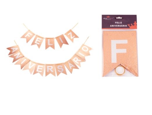 Bandeirola Feliz Aniversário Com Glitter Rose Gold